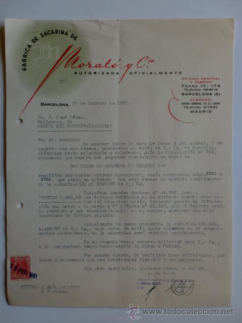 Cartas comerciales: CARTA COMERCIAL. BARCELONA. FEBRERO 1951. MORATO Y CIA. FABRICA DE SACARINA.