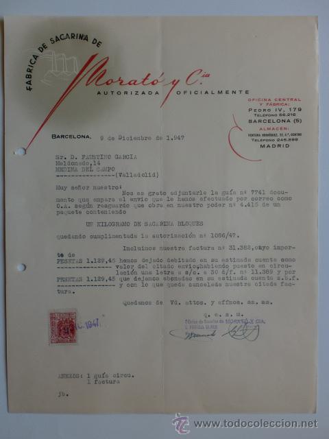 Cartas comerciales: CARTA COMERCIAL. BARCELONA. DICIEMBRE 1947. MORATO Y CIA. FABRICA DE SACARINA.