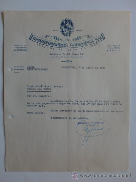 Cartas comerciales: CARTA COMERCIAL. BARCELONA. JULIO 1954. MANUFACTURAS TORRARTS. TEJIDOS DE ALTA CALIDAD.