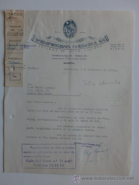 Cartas comerciales: CARTA COMERCIAL. BARCELONA. DICIEMBRE 1953. MANUFACTURAS TORRARTS. TEJIDOS DE ALTA CALIDAD.