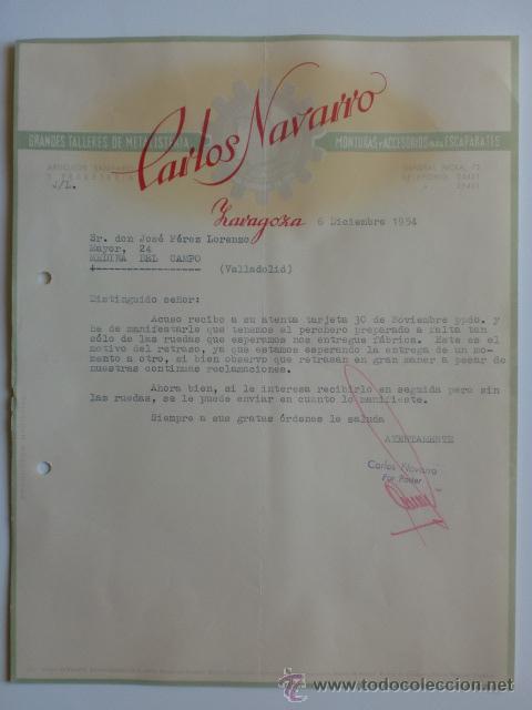 Cartas comerciales: CARTA COMERCIAL. ZARAGOZA. DICIEMBRE 1954. CARLOS NAVARRO. GRANDES TALLERES DE METALISTERIA.