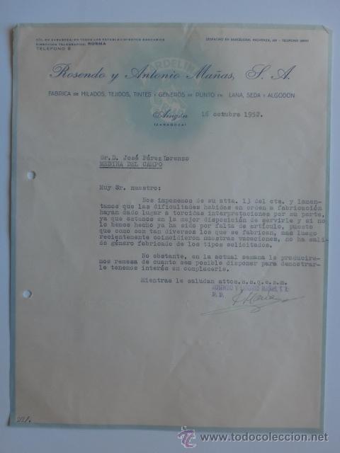 Cartas comerciales: CARTA COMERCIAL. AINZON, ZARAGOZA. OCTUBRE 1952. ROSENDO Y ANTONIO MA&Ntilde;AS, S. A. FABRICA DE HILADOS.