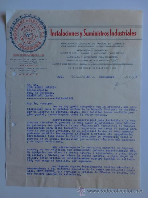 Commercial Letters: CARTA COMERCIAL. VALLADOLID. NOVIEMBRE 1953. GONZALEZ Y MAILLO. SUMINISTROS INDUSTRIALES.