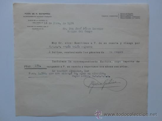 Commercial Letters: CARTA COMERCIAL. VALLADOLID. NOVIEMBRE 1934. HIJOS DE M. GUTIERREZ. ALMACENES DE TEJIDOS Y PA&Ntilde;ERIA.