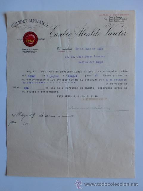 Commercial Letters: CARTA COMERCIAL. VALLADOLID. MAYO 1932. EUSEBIO ALCALDE VARELA. GRANDES ALMACENES.
