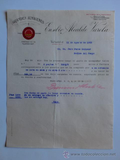 Commercial Letters: CARTA COMERCIAL. VALLADOLID. AGOSTO 1932. EUSEBIO ALCALDE VARELA. EAVAL. GRANDES ALMACENES.