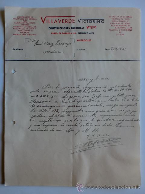 Gesch&auml;ftsbriefe: CARTA COMERCIAL. VALLADOLID. FEBRERO 1952. VILLAVERDE VICTORINO. CONSTRUCCIONES MECANICAS.