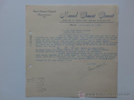 Gesch&auml;ftsbriefe: CARTA COMERCIAL. ALICANTE. SEPTIEMBRE 1951. MANUEL CLIMENT CLIMENT. AGENTE COMERCIAL COLEGIADO.