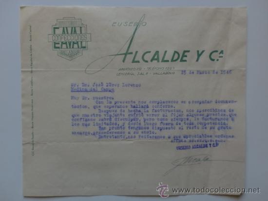 Gesch&auml;ftsbriefe: CARTA COMERCIAL. VALLADOLID. MARZO 1946. EUSEBIO ALCALDE Y CIA. CONFECCIONES EAVAL.