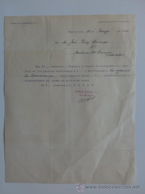 Gesch&auml;ftsbriefe: CARTA COMERCIAL. BARCELONA. MAYO 1946. FABRICAS MARQUES, S. A.