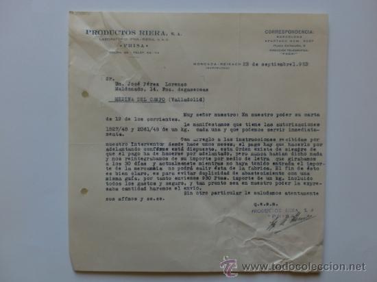 Gesch&auml;ftsbriefe: CARTA COMERCIAL. MONCADA-REIXACH, BARCELONA. SETIEMPBRE 1953. PRODUCTOS RIERA, S. A.