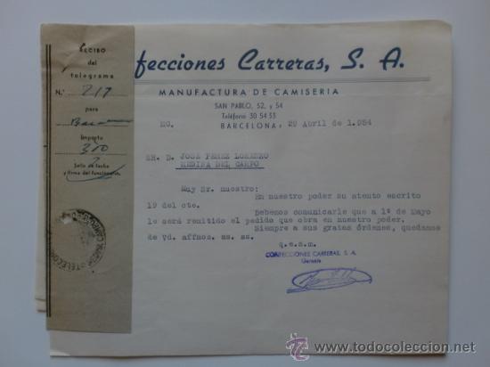 Gesch&auml;ftsbriefe: CARTA COMERCIAL. BARCELONA. ABRIL 1954. CONFECCIONES CARRERAS, S. A. MANUFACTURA DE CAMISERIA.