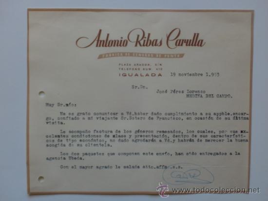 Gesch&auml;ftsbriefe: CARTA COMERCIAL. IGUALADA. NOVIEMBRE 1953. ANTONIO RIBAS CARULLA. FABRICA DE GENEROS DE PUNTO.