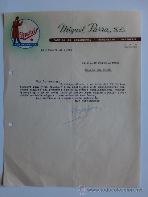 Gesch&auml;ftsbriefe: CARTA COMERCIAL. SAN SEBASTIAN. OCTUBRE 1952. MIGUEL PARRA, S. L. DUEROS, FABRICA DE GABARDINAS.