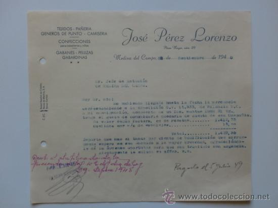 Lettere commerciali: CARTA COMERCIAL. MEDINA DEL CAMPO. SEPTIEMBRE 1948. JOSE PEREZ LORENZO. CONFECCIONES.