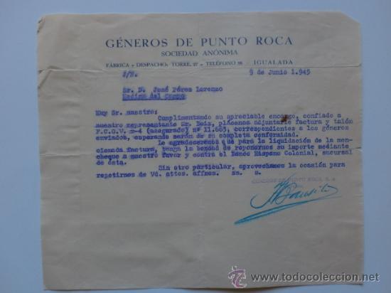 Lettere commerciali: CARTA COMERCIAL. IGUALADA. JUNIO 1945. GENEROS DE PUNTO ROCA, SOCIEDAD ANONIMA.