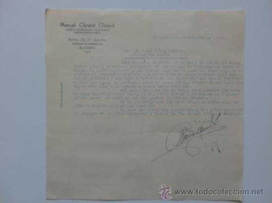 Lettere commerciali: CARTA COMERCIAL. ALICANTE. OCTUBRE 1945. MANUEL CLIMENT CLIMENT. AGENTE COMERCIAL COLEGIADO.