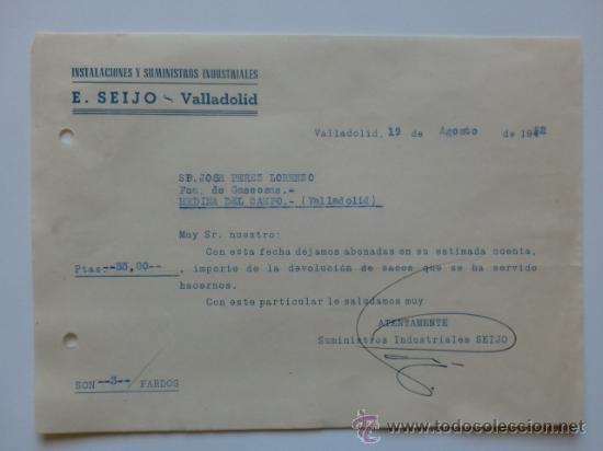 Lettere commerciali: CARTA COMERCIAL. VLLADOLID. AGOSTO 1952. E. SEIJO. INSTALACIONES Y SUMINISTROS INDUSTRIALES.