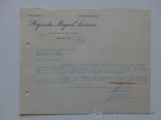 Lettere commerciali: CARTA COMERCIAL. MADRID. JULIO 1960. HIJOS DE MIGUEL SARRION. TEJIDOS.