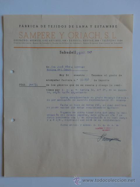 Lettere commerciali: CARTA COMERCIAL. SABADELL. MAYO 1947. SAMPERE Y ORIACH, S. L. FABRICA DE TEJIDOS.