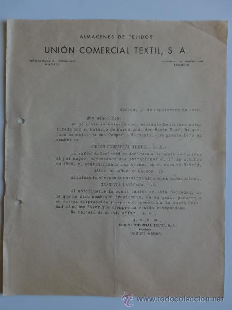 Lettere commerciali: CIRCULAR. MADRID. SEPTIEMBRE 1946. UNION COMERCIAL TEXTIL, S. A. ALMACENES DE TEJIDOS.