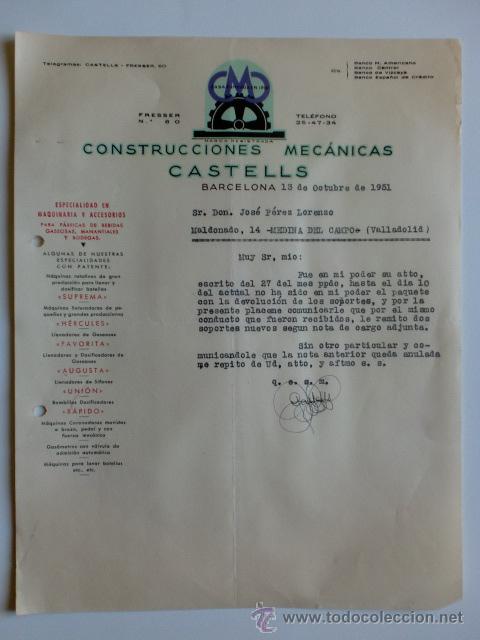 Lettere commerciali: CARTA COMERCIAL. BARCELONA. OCTUBRE 1951. CONSTRUCCIONES MECANICAS CASTELLS.