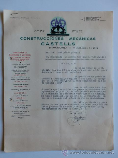 Lettere commerciali: CARTA COMERCIAL. BARCELONA. DICIEMBRE 1951. CONSTRUCCIONES MECANICAS CASTELLS.