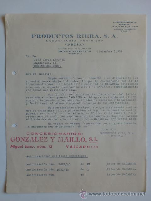 Lettere commerciali: CARTA COMERCIAL. MONCADA-REIXACH, BARCELONA. DICIEMBRE 1952. PRODUCTOS RIERA, S. A. LABORATORIO.