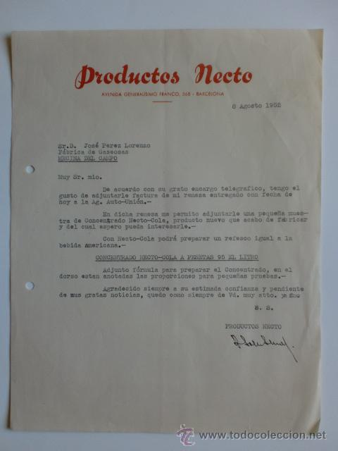Lettere commerciali: CARTA COMERCIAL. BARCELONA. AGOSTO 1952. PRODUCTOS NECTO.
