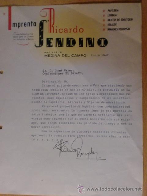 Lettres commerciales: CARTA COMERCIAL. MEDINA DEL CAMPO. JUNIO 1947. IMPRENTA RICARDO SENDINO. PALELERIA.