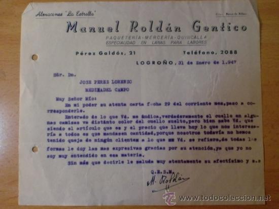 Lettres commerciales: CARTA COMERCIAL. LOGRO&Ntilde;O. ENERO 1947. MANUEL ROLDAN GENTICO. PAQUETERIA, MERCERIA.