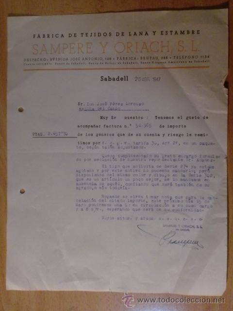 Lettres commerciales: CARTA COMERCIAL. SABEDELL. ABRIL 1947. SAMPERE Y ORIACH, S. L. FABRICA DE TEJIDOS.
