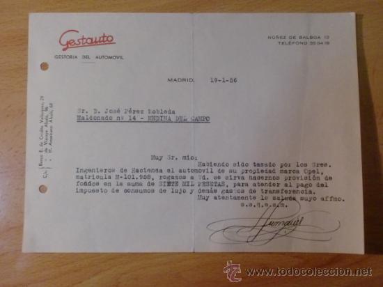 Lettres commerciales: CARTA COMERCIAL. MADRID. ENERO 1956. GESTAUTO. GESTORIA DEL AUTOMOVIL.