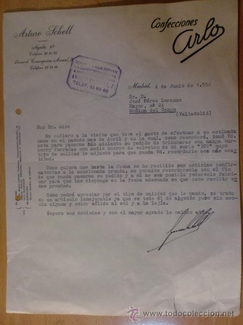 Lettres commerciales: CARTA COMERCIAL. MADRID. JULIO 1956. ARTURO SCHELL. CONFECCIONES ARLO.