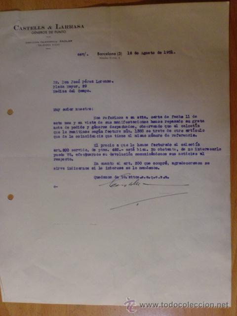 Lettres commerciales: CARTA COMERCIAL. BARCELONA. AGOSTO 1951. CASTELLS Y LARRASA. GENEROS DE PUNTO.