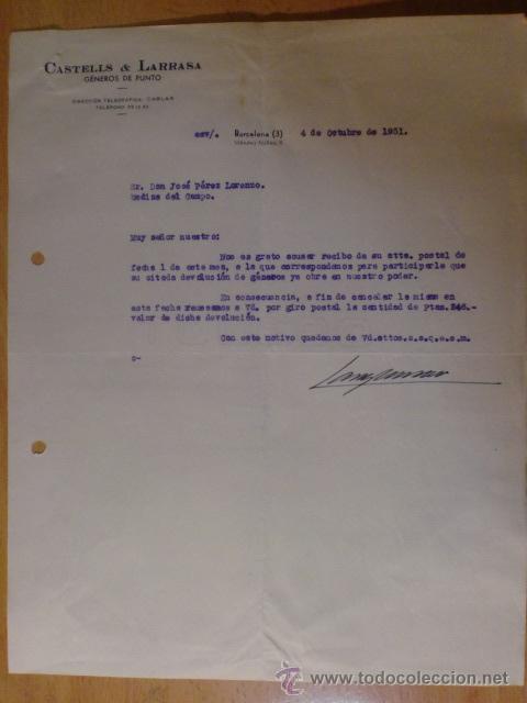 Lettres commerciales: CARTA COMERCIAL. BARCELONA. OCTUBRE 1951. CASTELLS Y LARRASA. GENEROS DE PUNTO.