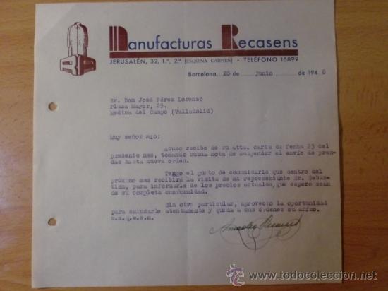 Lettres commerciales: CARTA COMERCIAL. BARCELONA. JUNIO 1948. MANUFACTURAS RECASENS.