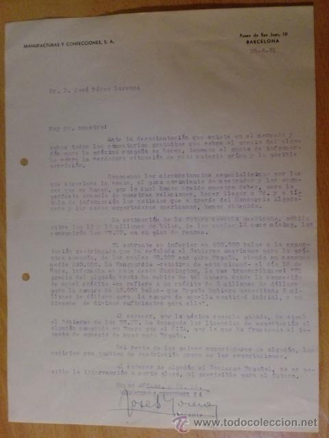 Lettres commerciales: CARTA COMERCIAL. BARCELONA. JUNIO 1951. MANUFACTURAS Y CONFECCIONES, S. A.