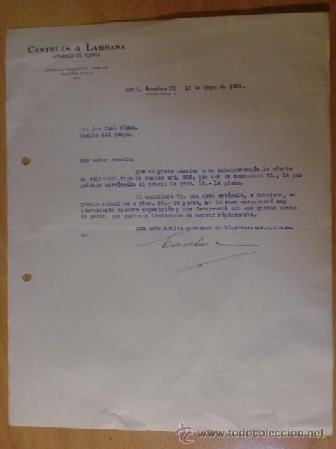 Lettres commerciales: CARTA COMERCIAL. BARCELONA. MAYO 1951. CASTELLS Y LARRASA. GENEROS DE PUNTO.
