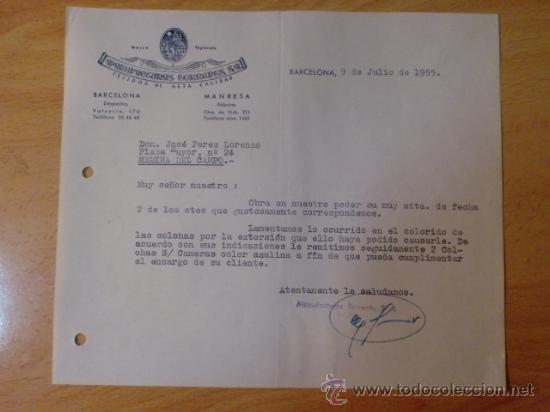 Lettres commerciales: CARTA COMERCIAL. BARCELONA. JULIO 1955. MANUFACTURAS TORRENTS, S. A. TEJIDOS DE ALTA CALIDAD.