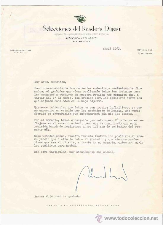 Cartas comerciales: CARTA COMERCIAL. SELECCIONES DEL READERS DIGEST. NU&Ntilde;EZ DE BALBOA. MADRID. 1963.