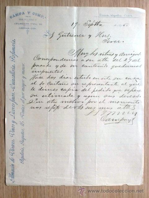 Lettres commerciales: CARTA COMERCIAL. CUBA. CARDENAS. SEPTIEMBRE 1895. CAMPA Y COMPA&Ntilde;IA.