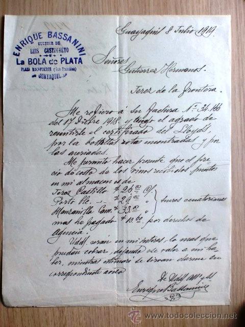 Lettere commerciali: CARTA COMERCIAL. ECUADOR. GUAYAQUIL. JULIO 1919. ENRIQUE BASSANINI. LA BOLA DE PLATA.