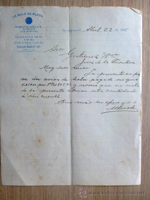 Lettres commerciales: CARTA COMERCIAL. ECUADOR. GUAYAQUIL. ABRIL 1915. MODESTO APOLO. LA BOLA DE PLATA. IMPORTACION.