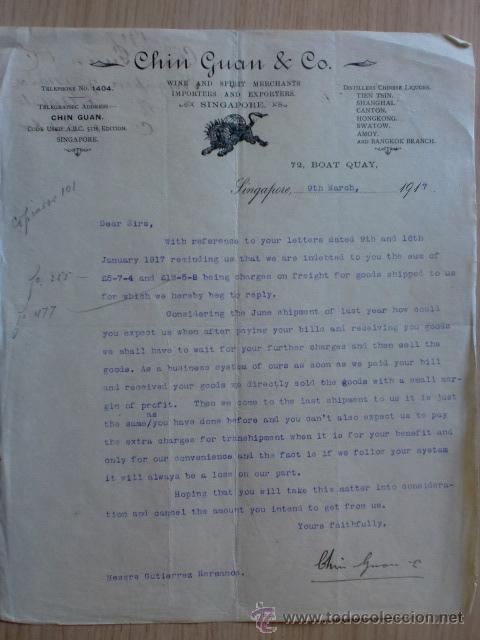 Cartas comerciales: CARTA COMERCIAL. SINGAPUR. MARZO 1917. CHIN GUAN Y CO. MERCANCIAS.