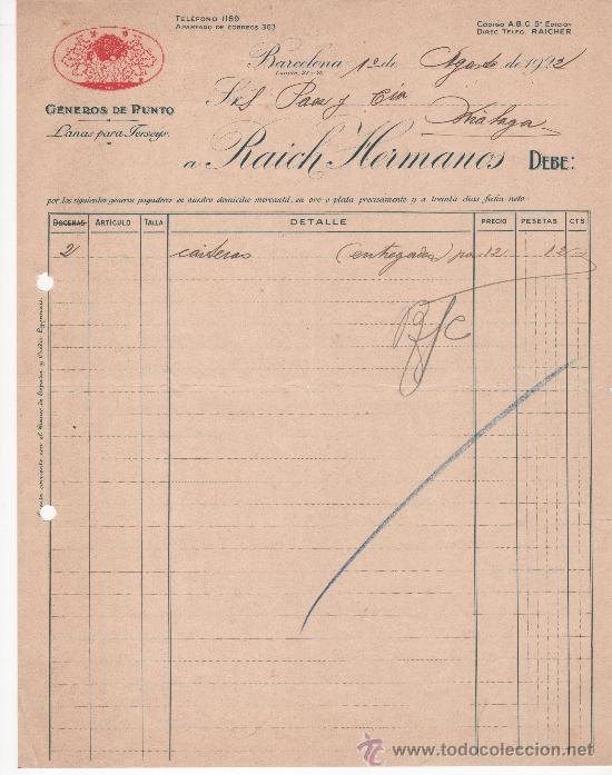 Commercial Letters: Barcelona. A&ntilde;o 1922. Carta comercial Raich Hermanos. Lanas para jerseys. G&eacute;neros de punto