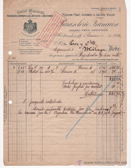 Commercial Letters: Carta comercial. Santander. A&ntilde;o 1922. Gran f&aacute;brica de paraguas, sombrillas, antucas y bastones
