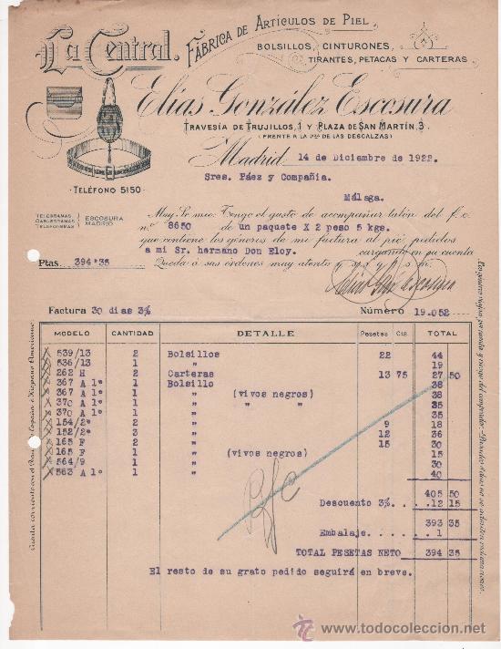 Commercial Letters: Carta comercial. Madrid a&ntilde;o 1922. La Central. F&aacute;bricas de bolsos, cinturones, tirantes. El&iacute;as Glez.
