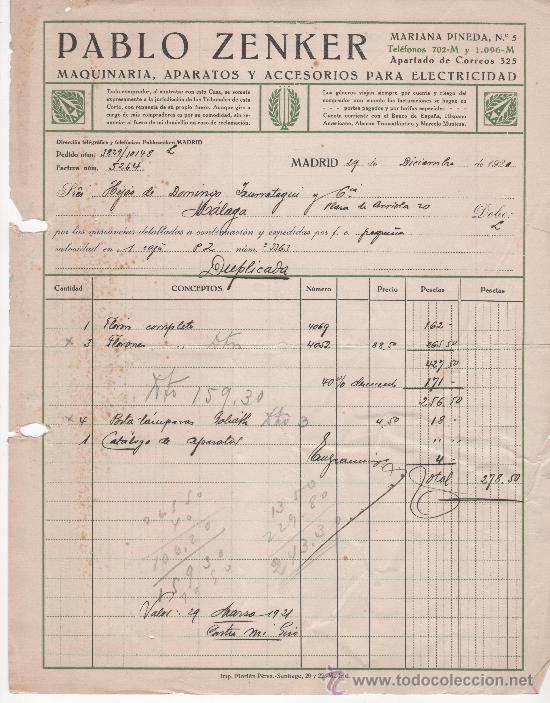 Commercial Letters: Carta comercial. Madrid a&ntilde;o 1920. Pablo Zenker. Maquinar&iacute;a y aparatos para electricidad