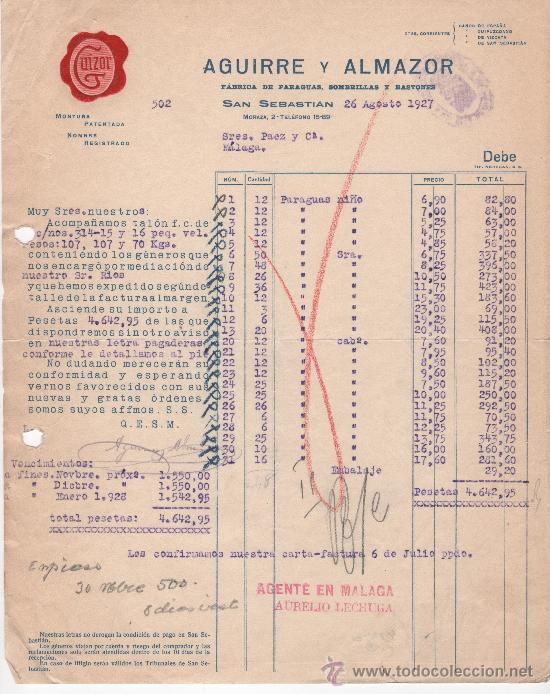 Commercial Letters: Carta comercial. San Sebasti&aacute;n a&ntilde;o 1927. Aguirre y Almazor. Paraguas, sombrillas. Marca Guizor.